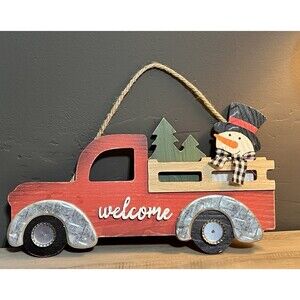 Hanging Red Truck Snowman Christmas Welcome Sign Rustic Country Farmhouse Cabin